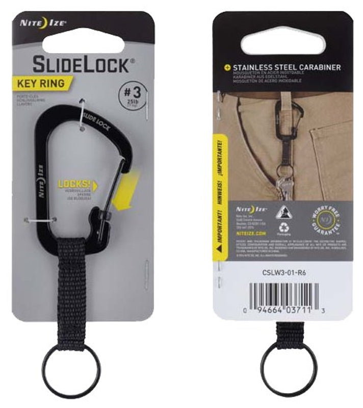 Nite Ize SlideLock CSLW3-01-R6 Key Carabiner, 1-1/2 in OAL, Stainless Steel, Black