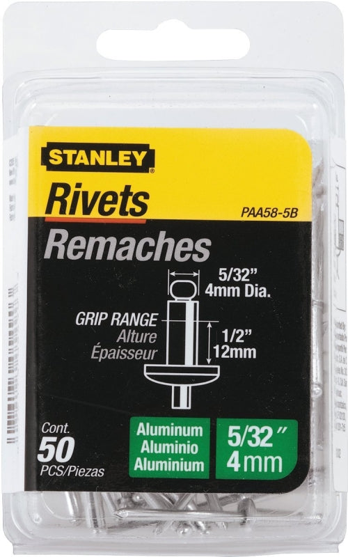 STANLEY PAA58-5B Pop Rivet, Reusable, 1/2 in Grip, 5/32, Aluminum, 50/PK