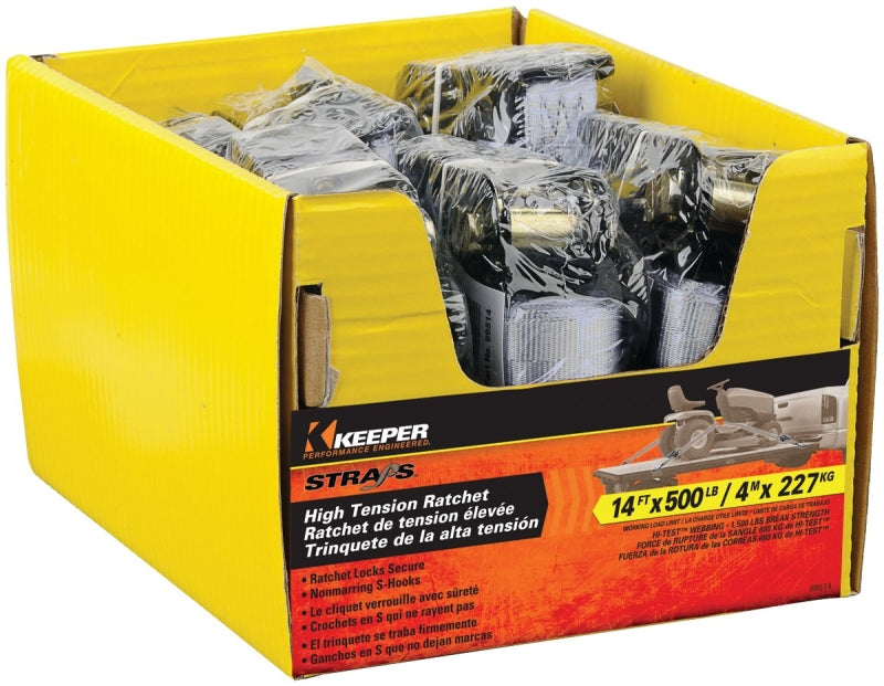 Keeper 89514 Tie-Down, Ratchet Adjustment, 1 in W, 14 ft L, Gray, 500 lb Working Load, S-Hook End, 1/PK, Pack of 8