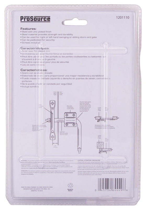 ProSource LR-184-PS Gate Latch Bar, 7/16 in Bolt Head, 5 in L Bolt, Steel, Zinc