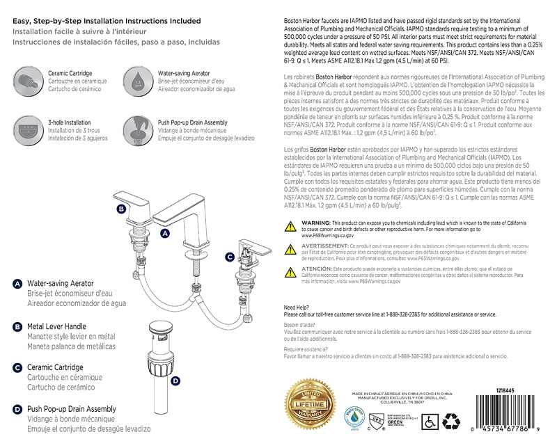 Boston Harbor FW6AC023BL Lavatory Faucet, 1.2 gpm, 2-Handle, 3-Faucet Hole, Brass/Zinc/Plastic, Matte Black