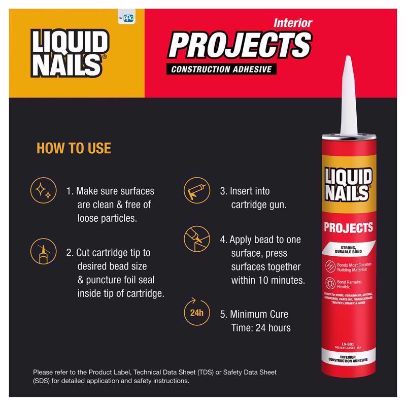 Liquid Nails Interior Projects Synthetic Rubber Construction Adhesive 10 oz, Pack of 12