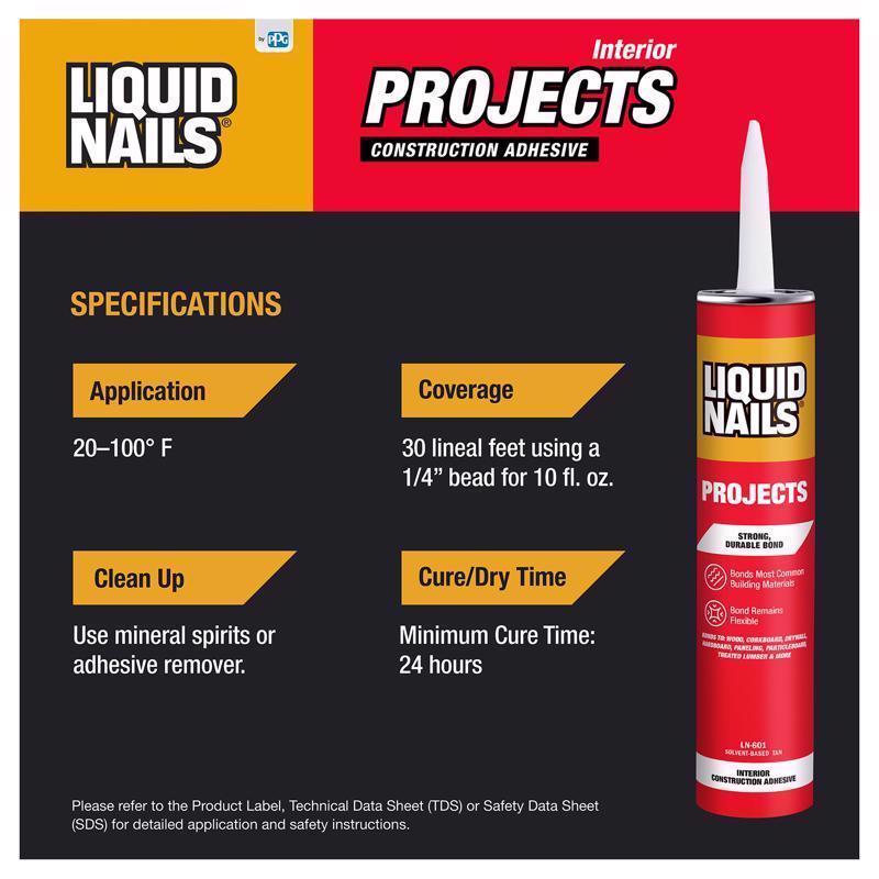 Liquid Nails Interior Projects Synthetic Rubber Construction Adhesive 10 oz, Pack of 12