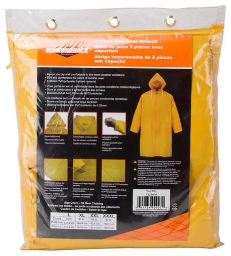 Diamondback PY-800XXL Raincoat, 2XL, Polyester/PVC, Yellow, Comfortable Corduroy Collar, Double Fly Snap Closure, Knee