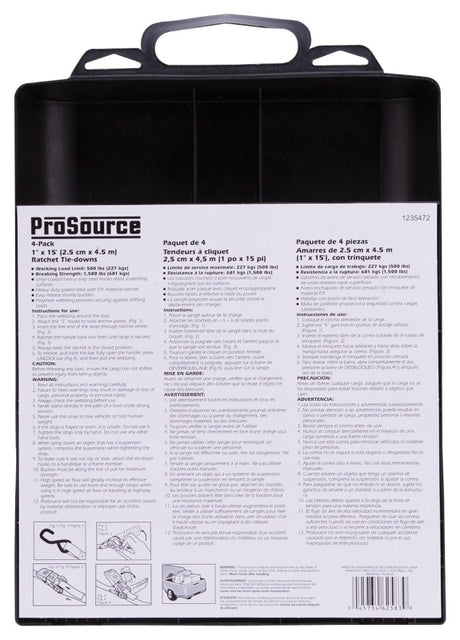 ProSource FH64069 Tie-Down, 1 in W, 15 ft L, Polyester Webbing, Metal Ratchet, Red, 500 lb, S-Hook End Fitting