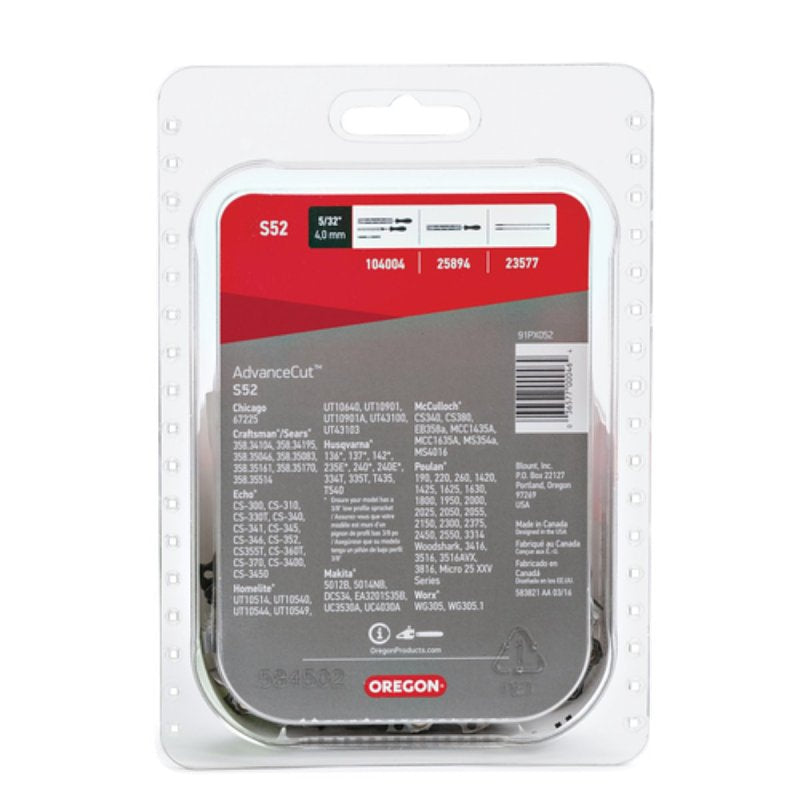 Oregon AdvanceCut Series S52T Chainsaw Chain Reel, 91PX Chain, 14 in L Bar, 0.05 in Gauge, 3/8 in TPI/Pitch, 52-Link