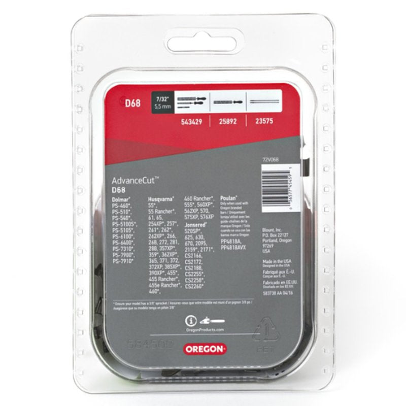 Oregon AdvanceCut Series D68 Chainsaw Chain, 72TXL Chain, 18 in L Bar, 0.05 in Gauge, 3/8 in TPI/Pitch, 68-Link