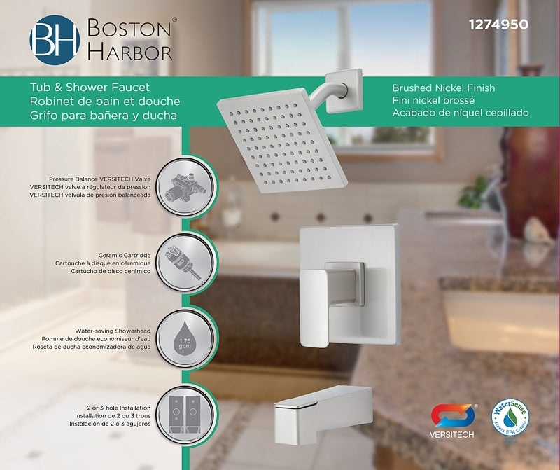 Boston Harbor F12A0006NP Faucet Tub-Shower, Fixed Mount Showerhead, 1.75 gpm Showerhead, 1 Spray Settings