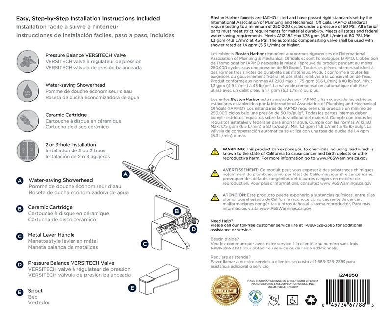 Boston Harbor F12A0006NP Faucet Tub-Shower, Fixed Mount Showerhead, 1.75 gpm Showerhead, 1 Spray Settings