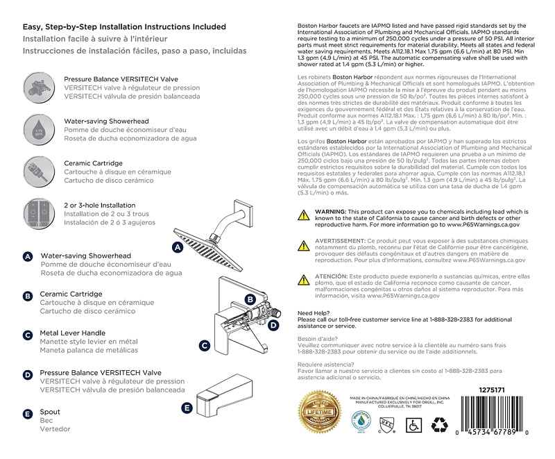 Boston Harbor F12A0006BL Faucet Tub-Shower, Fixed Mount Showerhead, 1.75 gpm Showerhead, 1 Spray Settings