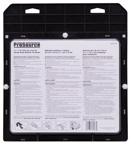 ProSource FH64071 Tie-Down, 1-1/2 in W, 15 ft L, Polyester Webbing, Metal Ratchet, Yellow, 1666 lb, Steel End Fitting