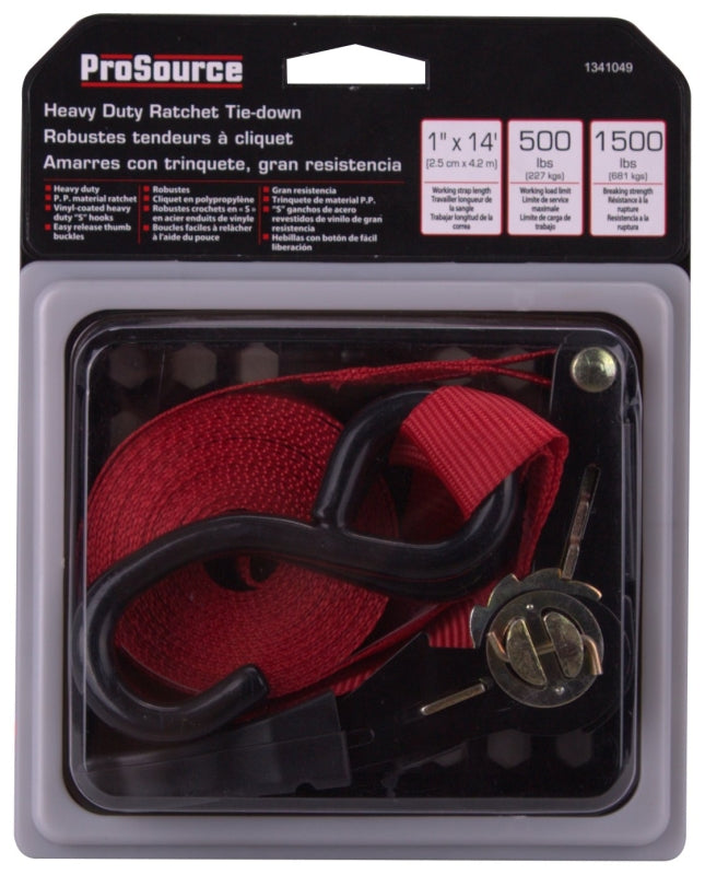 ProSource FH64056 Tie-Down, 1 in W, 14 ft L, Polyester Webbing, Metal Ratchet, Red, 500 lb, S-Hook End Fitting