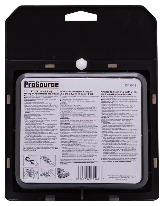 ProSource FH64056 Tie-Down, 1 in W, 14 ft L, Polyester Webbing, Metal Ratchet, Red, 500 lb, S-Hook End Fitting