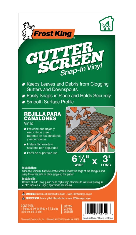 Frost King G636BR Gutter Screen, 3 ft L, 6-5/8 in W, Vinyl, Brown