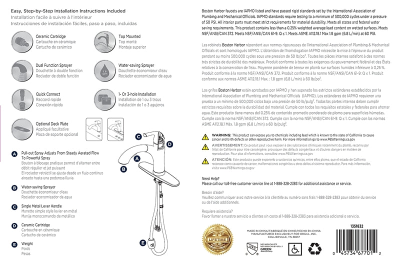 Boston Harbor TOBI21040010NP Pull Out Kitchen Faucet, 1.8 gpm, 1-Handle, 1, 3-Faucet Hole, Metal/Plastic, Deck