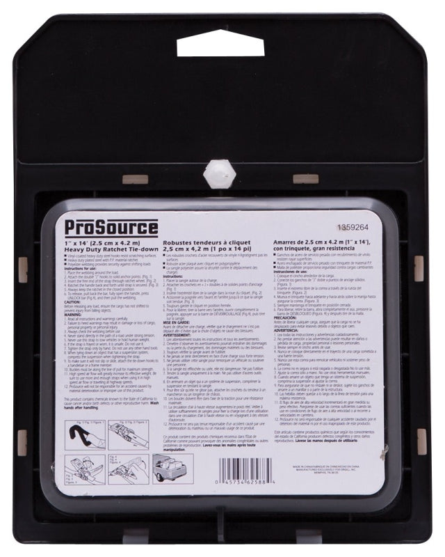 ProSource FH64057 Tie-Down, 1 in W, 14 ft L, Polyester Webbing, Metal Ratchet, Red, 500 lb, Double J-hook End Fitting