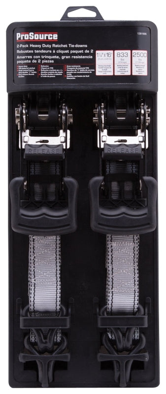 ProSource FH64059 Tie-Down, 1-1/4 in W, 16 ft L, Gray, J-Hook End Fitting, Steel End Fitting