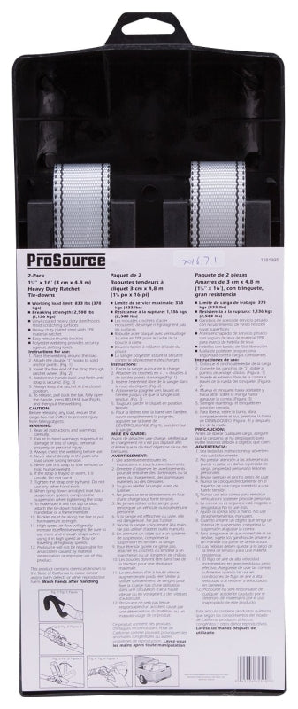 ProSource FH64059 Tie-Down, 1-1/4 in W, 16 ft L, Gray, J-Hook End Fitting, Steel End Fitting