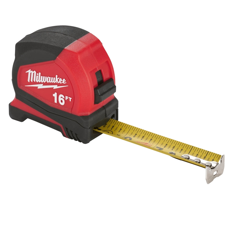 Milwaukee 48-22-1716 Compact Tape Measure, 16 ft L Blade, 1 in W Blade, Steel Blade, ABS Case, Black/Red Case