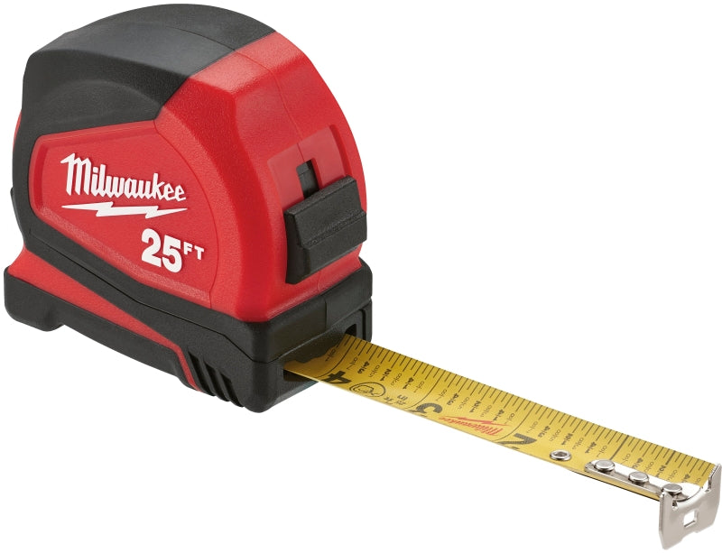 Milwaukee 48-22-1725 Compact Tape Measure, 25 ft L Blade, 1 in W Blade, Steel Blade, ABS Case, Black/Red Case