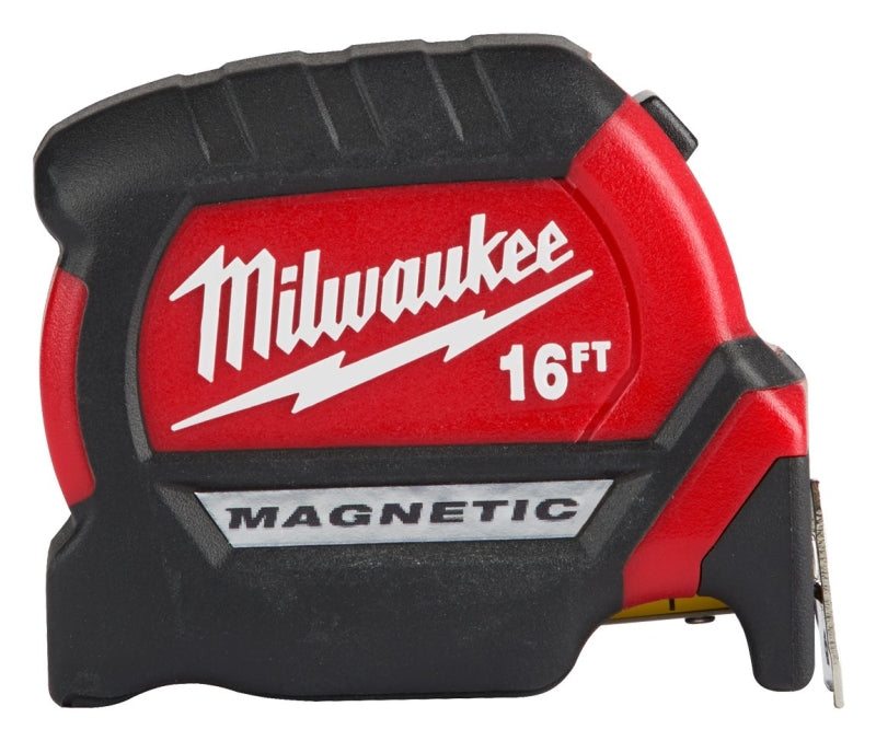 Milwaukee 48-22-1016M Tape Measure, 16 ft L Blade, 1-1/8 in W Blade, Steel Blade, ABS Case, Black/Red Case