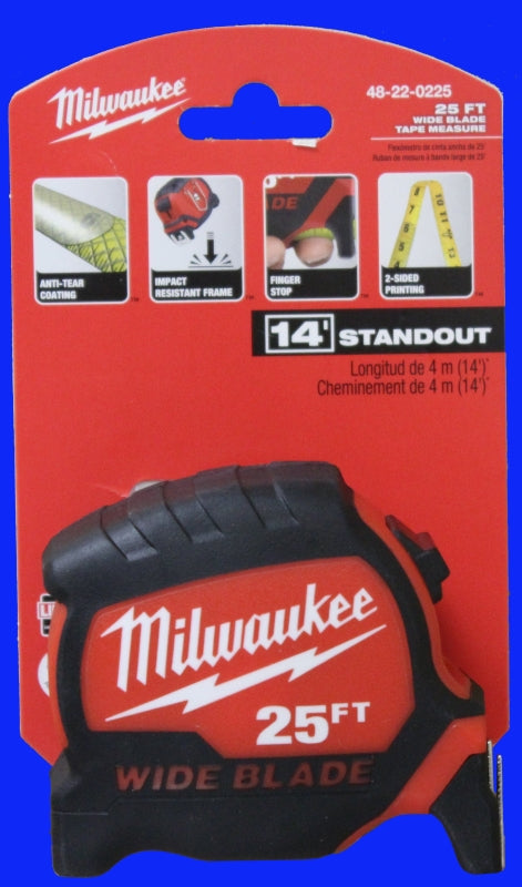 Milwaukee 48-22-1225 Tape Measure, Wide Blade, 25 ft L Blade, 1-5/16 in W Blade, Steel Blade, ABS Case, Closed Case