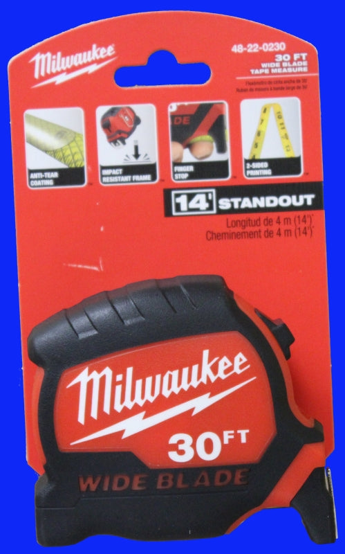 Milwaukee 48-22-1230 Tape Measure, 30 ft L Blade, 1-19/64 in W Blade, Steel Blade, ABS Case, Black/Red Case