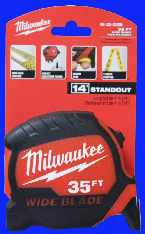 Milwaukee 48-22-1235 Tape Measure, 35 ft L Blade, 1-3/8 in W Blade, Steel Blade, ABS Case, Black/Red Case