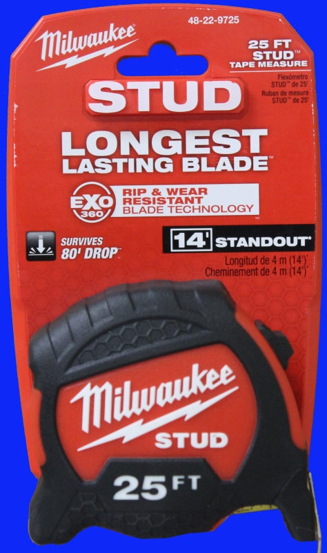 Milwaukee STUD Series 48-22-1425 Tape Measure, 25 ft L Blade, 1-19/64 in W Blade, Steel Blade, ABS Case, Black/Red Case
