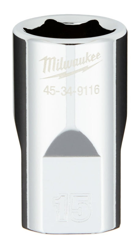 Milwaukee 45-34-9116 Socket, 15 mm Socket, Standard Socket, 1/2 in Drive, 6 -Point, Chrome Vanadium Steel, Chrome
