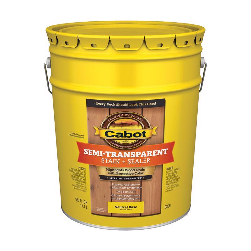 Cabot 300 Series 140.0000306.008 Exterior Stain, Semi-Transparent, Neutral Base, Liquid, 5 gal, Pail