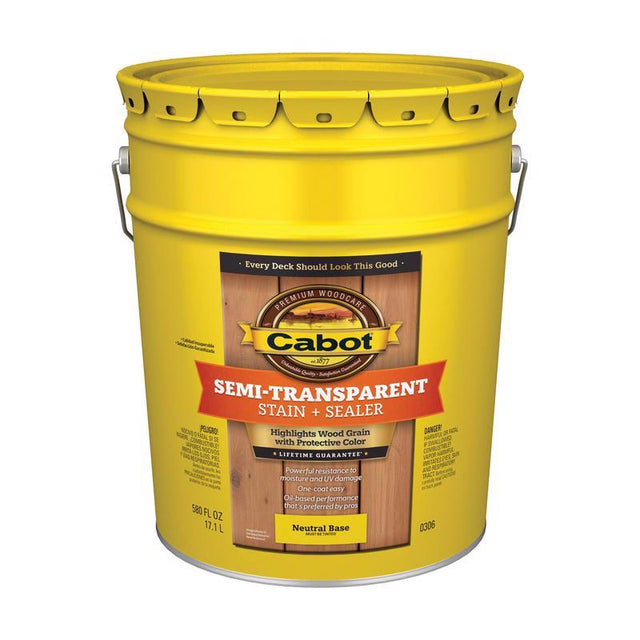 Cabot 300 Series 140.0000306.008 Exterior Stain, Semi-Transparent, Neutral Base, Liquid, 5 gal, Pail
