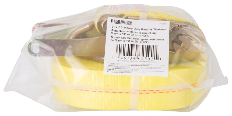 ProSource FH64072 Tie-Down, 2 in W, 40 ft L, Polyester Webbing, Metal Ratchet, Yellow, 3333 lb, Steel End Fitting