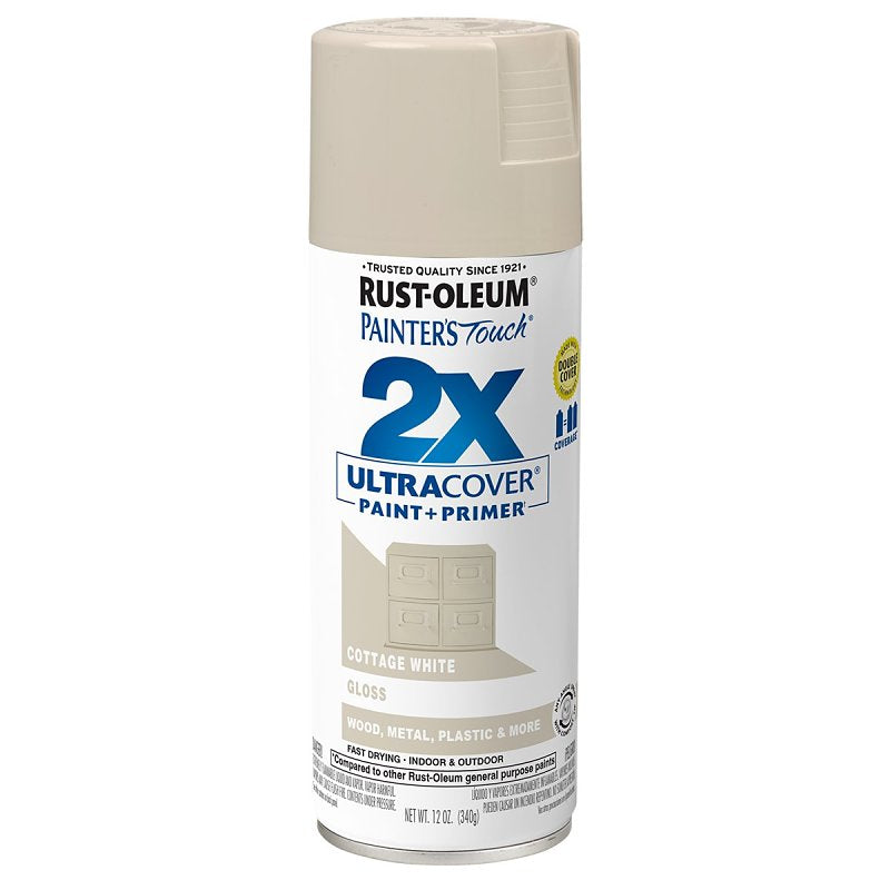 Painter's Touch 2X Ultra Cover 334040 Spray Paint, Gloss, Cottage White, 12 oz, Aerosol Can