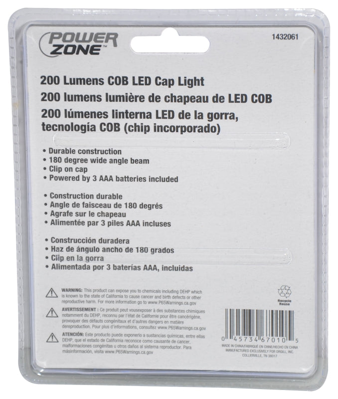 PowerZone 12304 COB LED Cap Light, AAA Battery, LED Lamp, 200 Lumens, 10 Beam Distance, 3 hr Run Time, Pack of 6