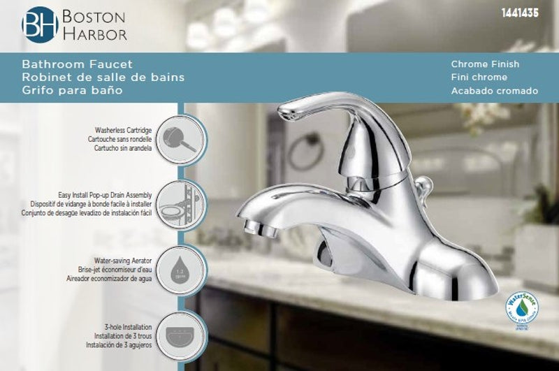 Boston Harbor F4510022CP-1 Lavatory Faucet, 1.2 gpm, 1-Handle, 3-Faucet Hole, Metal/Plastic, Chrome Plated