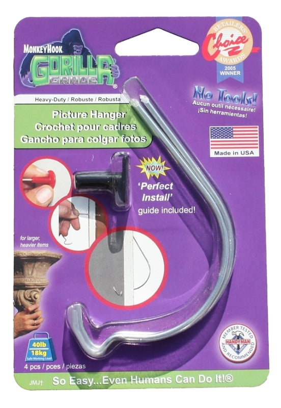 Monkey Hook TMH-222 Picture Hanger, 40 lb, High Carbon Spring Steel, Galvanized Zinc, Silver, Pack of 12