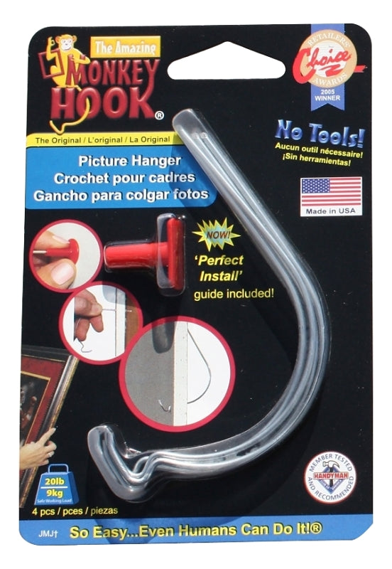Monkey Hook Original Series TMH-345 Picture Hanger, 20 lb, High Carbon Spring Steel, Galvanized Zinc, Silver, Pack of 12