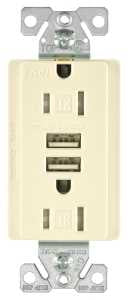 Arrow Hart TR7755LA-K Series Combination USB Receptacle, Light Almond, 2-Pole, 3.1 A USB, 15 A Receptacle, 2-USB Port