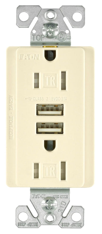 Arrow Hart TR7755LA-K Series Combination USB Receptacle, Light Almond, 2-Pole, 3.1 A USB, 15 A Receptacle, 2-USB Port