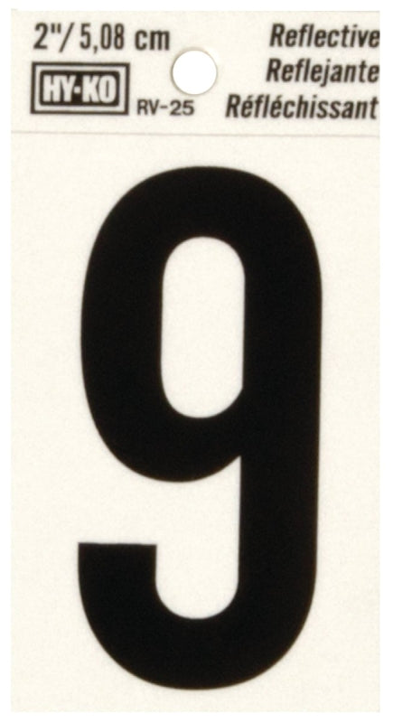 Hy-Ko RV-25/9 Reflective Sign, Character: 9, 2 in H Character, Black Character, Silver Background, Vinyl, Pack of 10