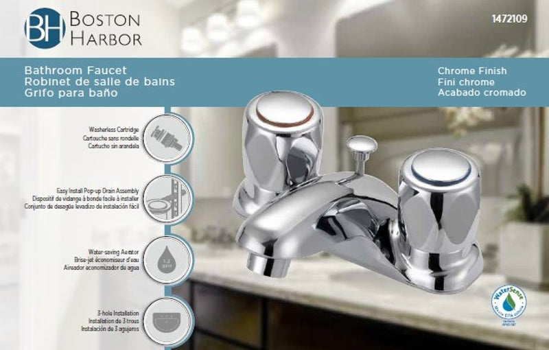 Boston Harbor F5120052CP Lavatory Faucet, 1.2 gpm, 2-Handle, 3-Faucet Hole, Metal/Plastic, Chrome Plated