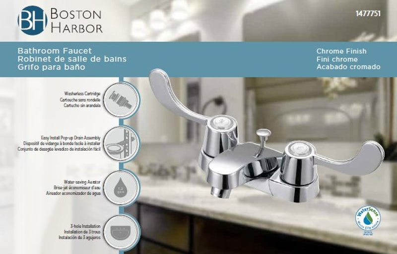 Boston Harbor F5120005CP Lavatory Faucet, 1.2 gpm, 2-Handle, 3-Faucet Hole, Metal/Plastic, Chrome Plated