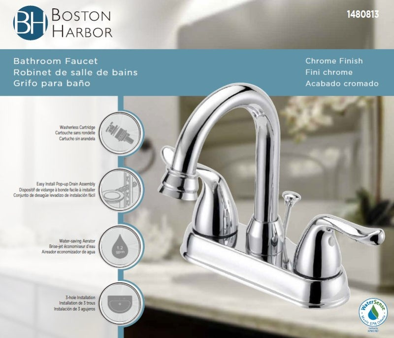 Boston Harbor TQ-5111080CP Lavatory Faucet, 1.2 gpm, 2-Handle, 3-Faucet Hole, Metal/Plastic, Chrome Plated