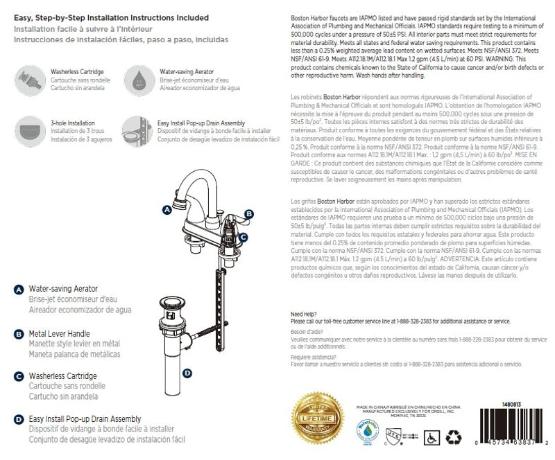 Boston Harbor TQ-5111080CP Lavatory Faucet, 1.2 gpm, 2-Handle, 3-Faucet Hole, Metal/Plastic, Chrome Plated