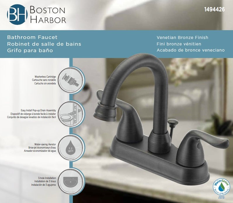 Boston Harbor TQ-5111080RW Lavatory Faucet, 1.2 gpm, 2-Handle, 3-Faucet Hole, Metal/Plastic, Venetian Bronze