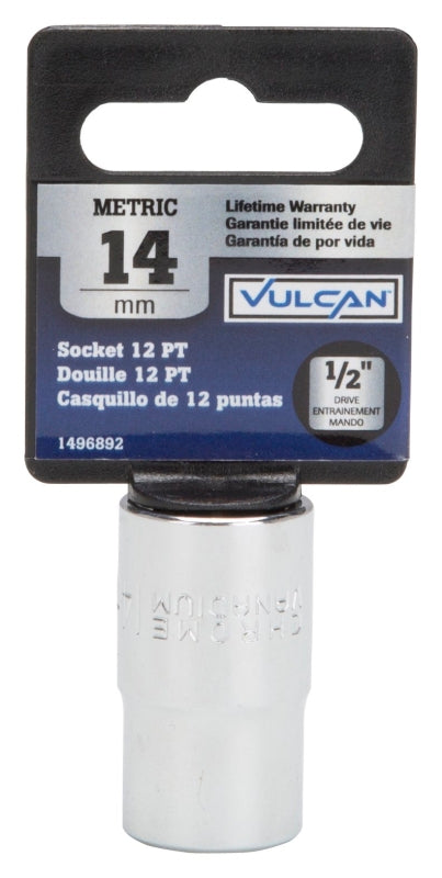 Vulcan MT6529457 Drive Socket, 14 mm Socket, 1/2 in Drive, 12-Point, Chrome Vanadium Steel, Chrome