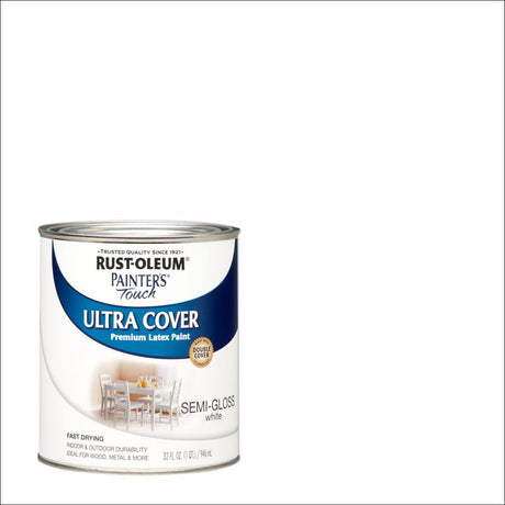 Rust-Oleum Painters Touch Ultra Cover Semi-Gloss White Water-Based Paint Exterior and Interior 1 qt, Pack of 2