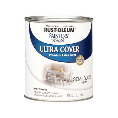 Rust-Oleum Painters Touch Ultra Cover Semi-Gloss White Water-Based Paint Exterior and Interior 1 qt, Pack of 2