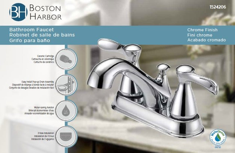 Boston Harbor F51B0010CP Lavatory Faucet, 1.2 gpm, 2-Handle, 3-Faucet Hole, Metal/Plastic, Chrome Plated